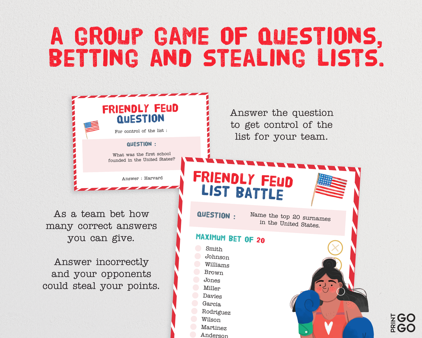 USA Friendly Feud 'List Battle' - The Fun New and Original Way To Play! Group Game of American Themed Questions, Betting and Stealing Lists