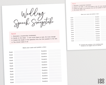 Wedding Speech Sweepstake Game - Table Ice Breaker Game for Guests | Wedding Speeches Game | Wedding Table Game | Wedding Paper Games