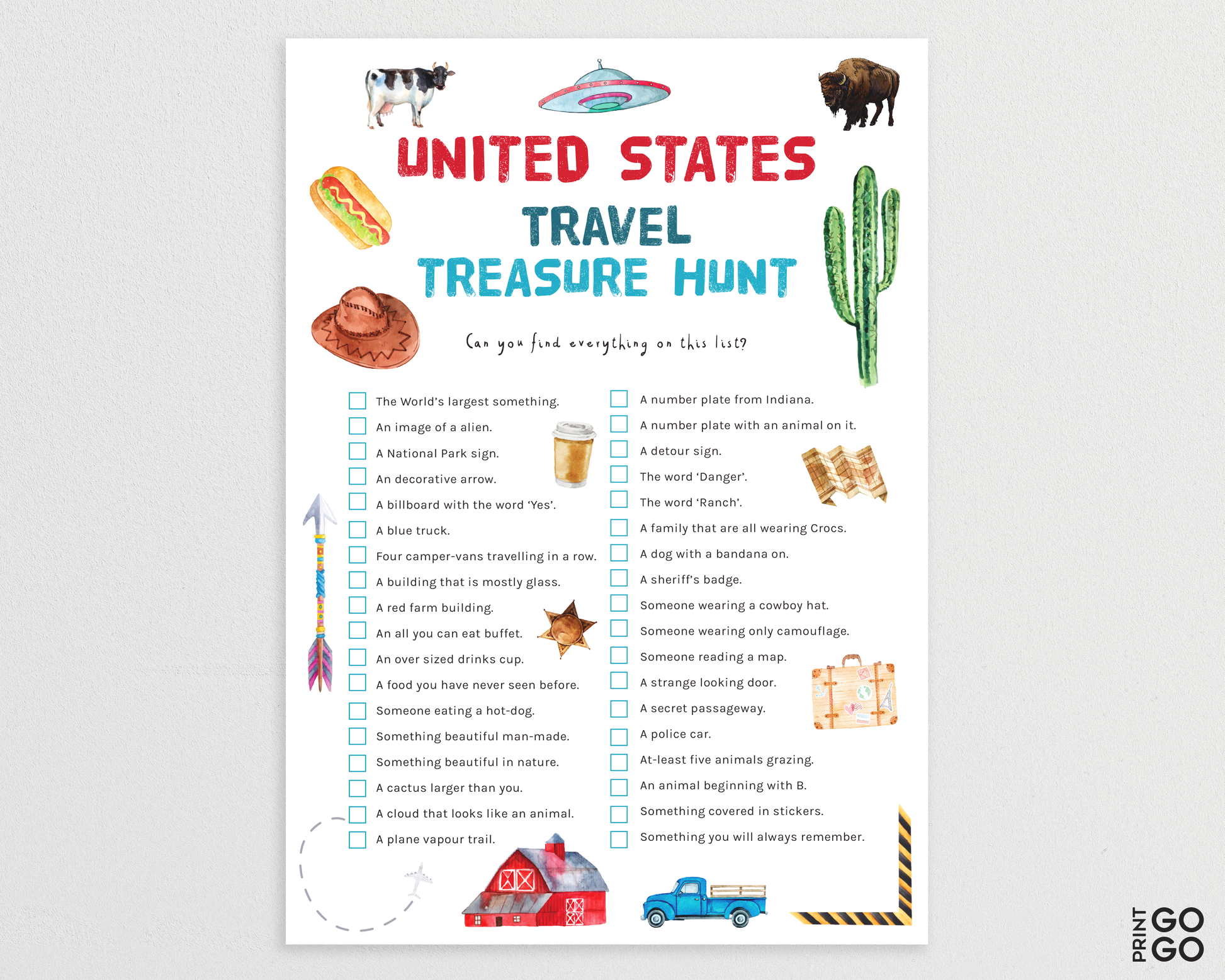 Spark curiosity in kids and keep them entertained on your holiday, or staycation, in the United States. Can they find all the items on the list?