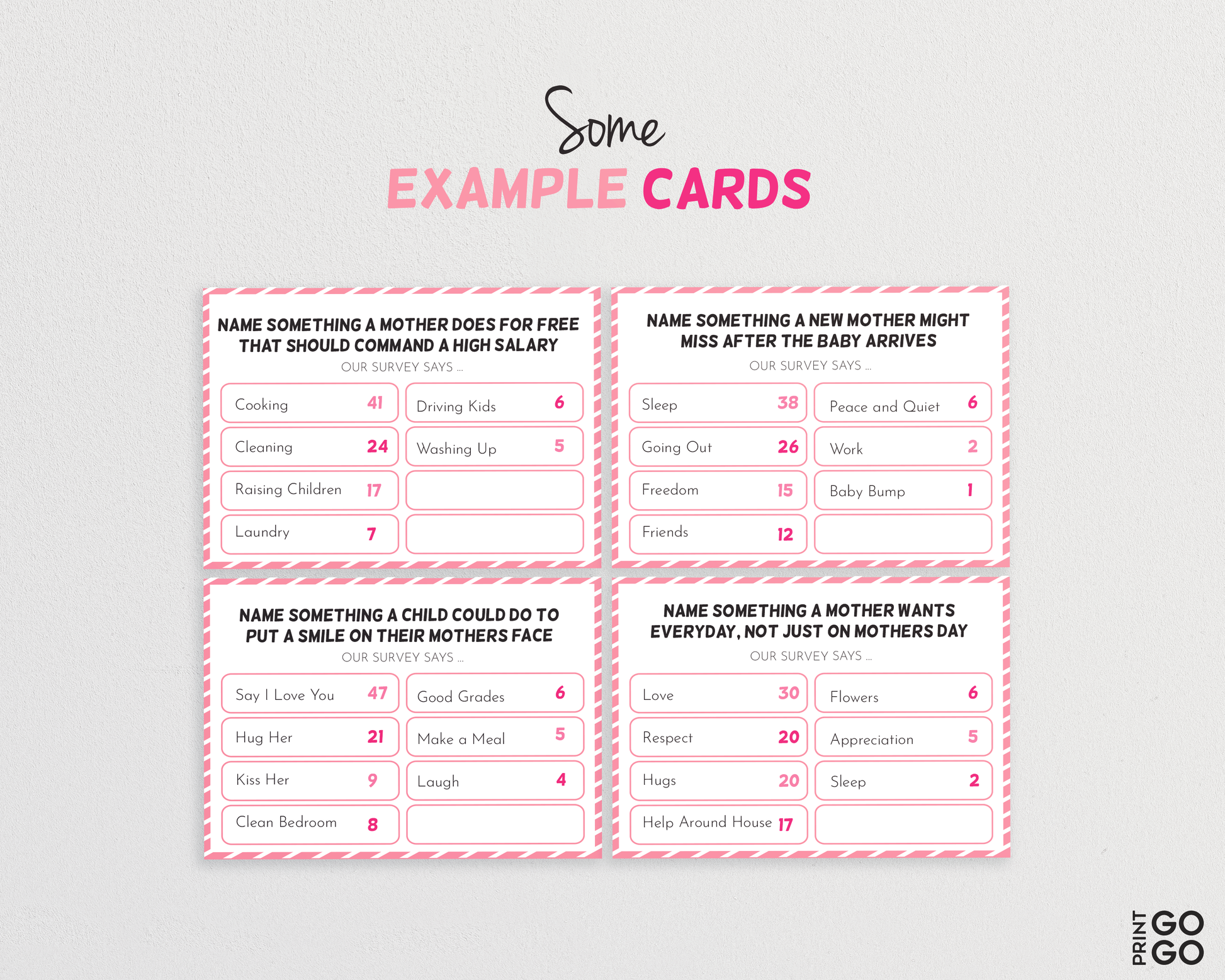 Example friendly feud cards.