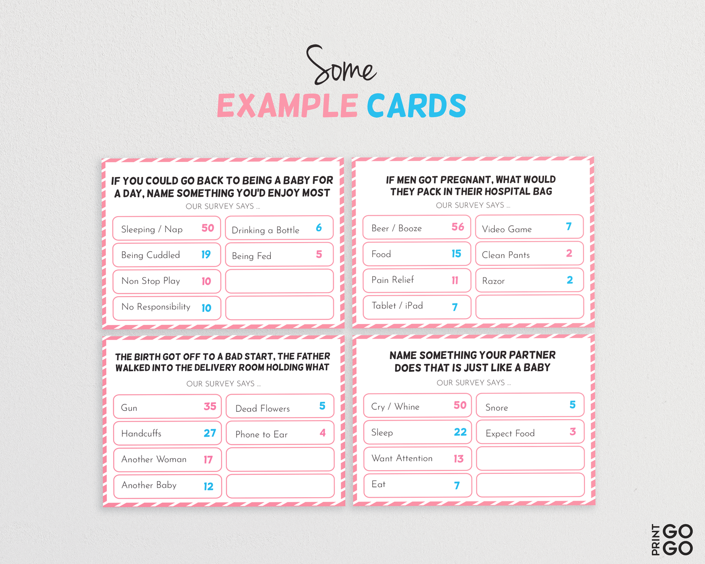 Baby shower friendly feud example cards.