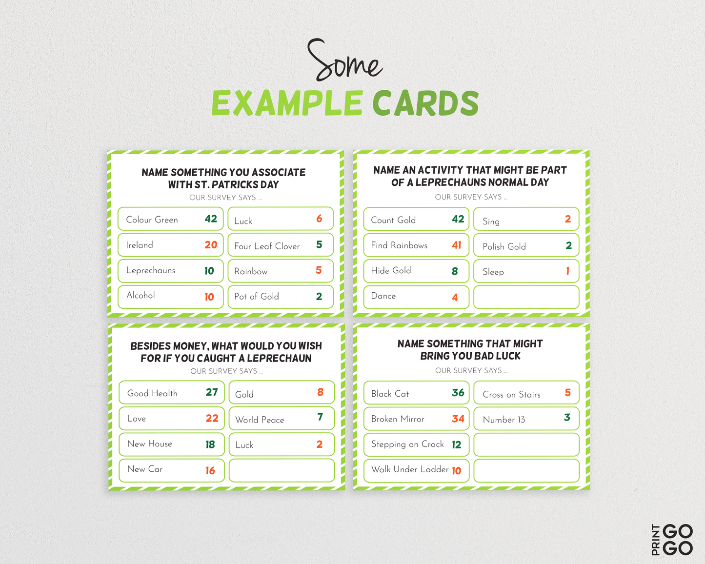 St. Patrick's Day friendly feud example cards.
