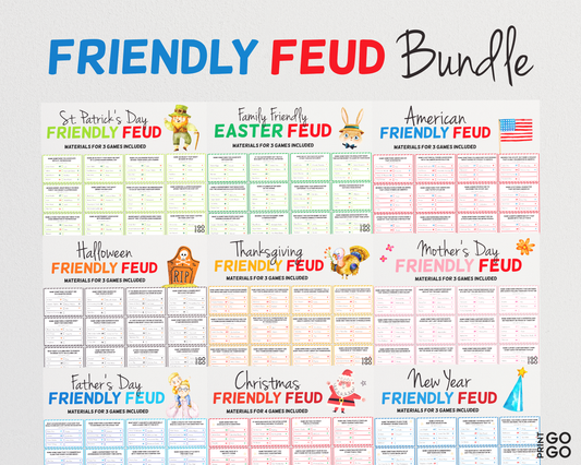 9 Friendly Feud Game Bundle - The Hilarious Party Games of Guessing Top Answers | Seasonal Family Game Night | Family Friendly Group Games